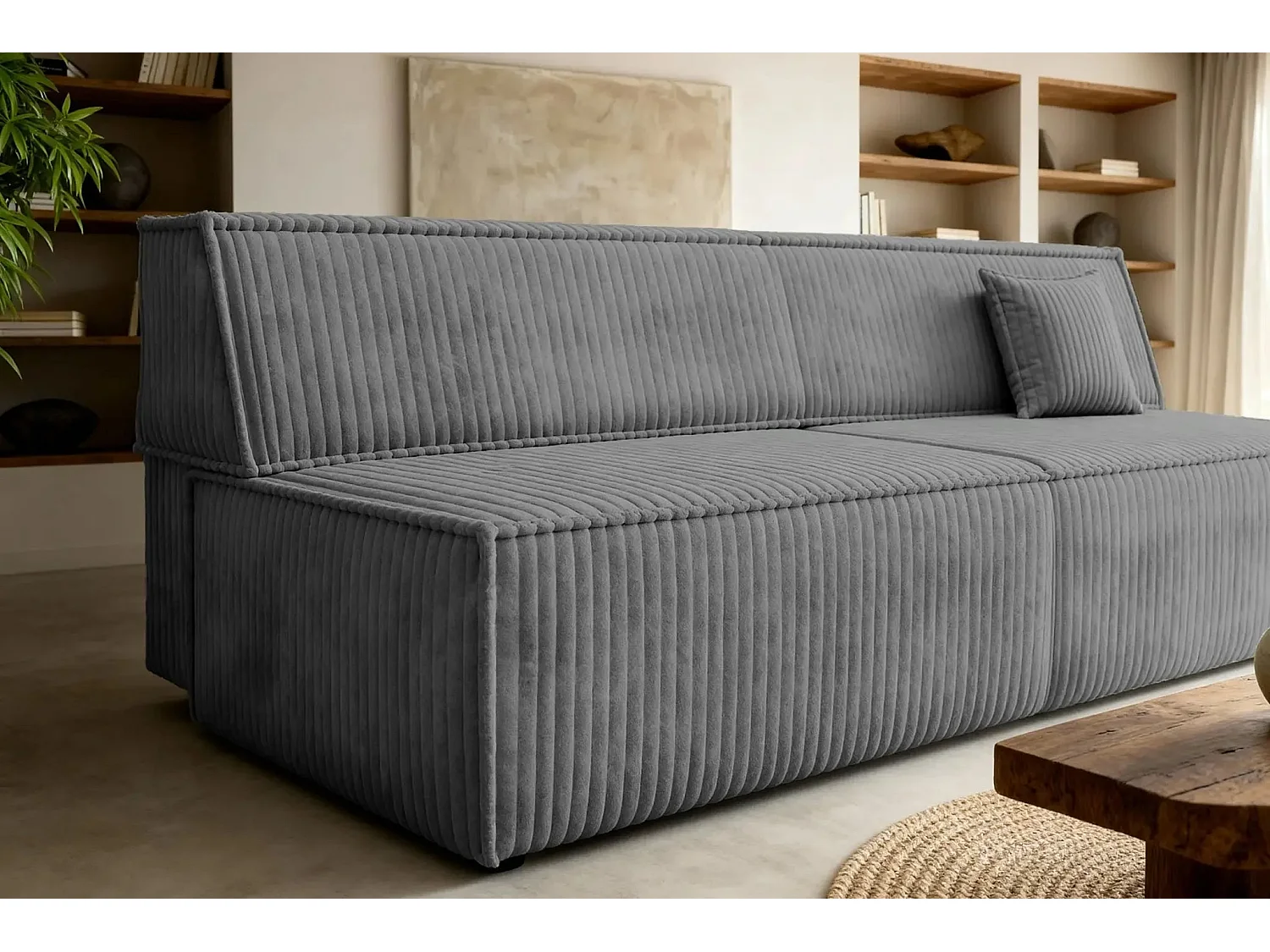 BURANO - Canapé droit convertible velours côtelé 2 places - Gris foncé