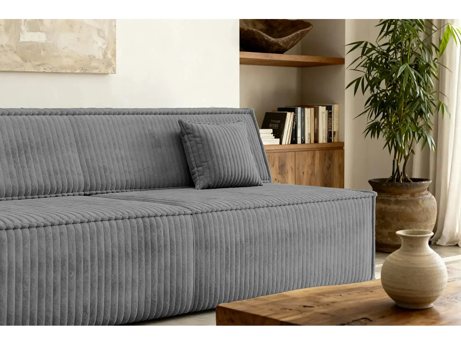 BURANO - Canapé droit convertible velours côtelé 2 places - Gris foncé