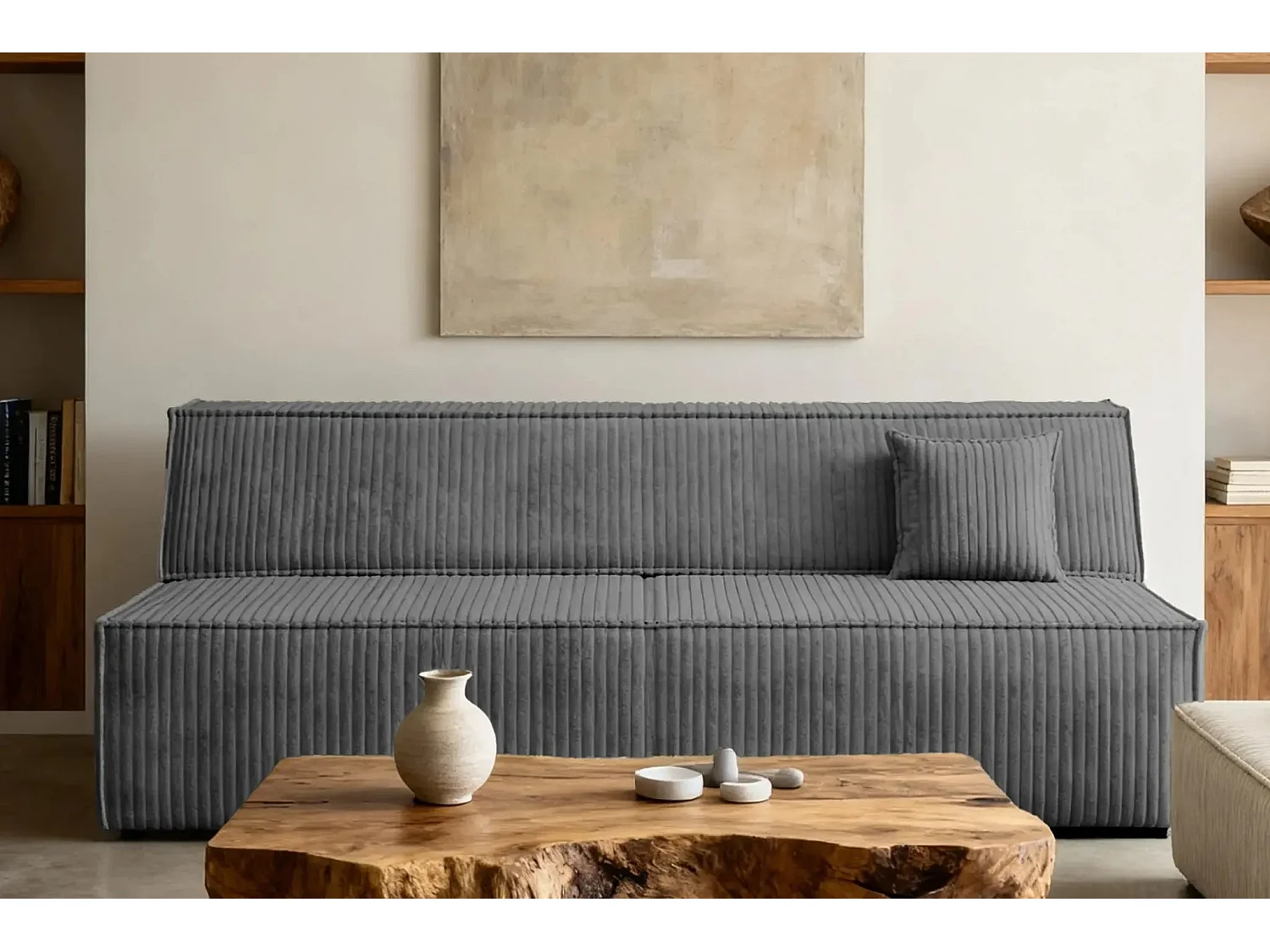 BURANO - Canapé droit convertible velours côtelé 2 places - Gris foncé