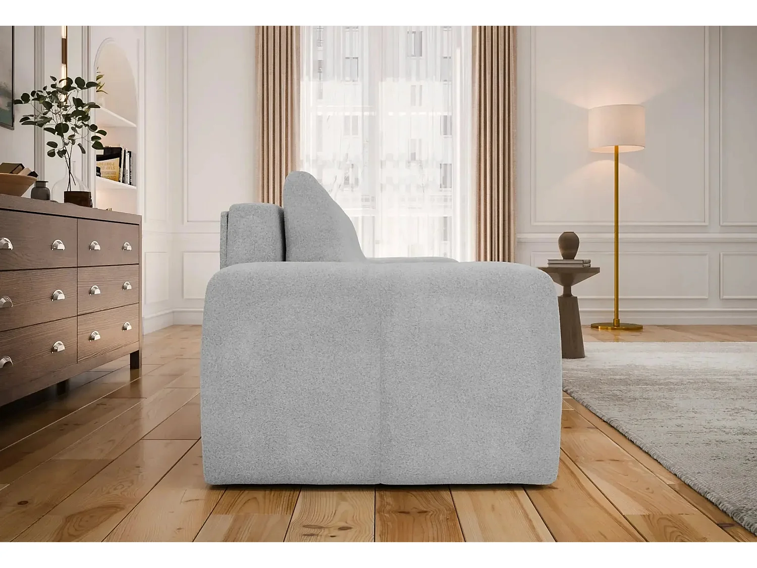 CONSTANCE - Canapé droit convertible tissu bouclette 3 places - Gris clair