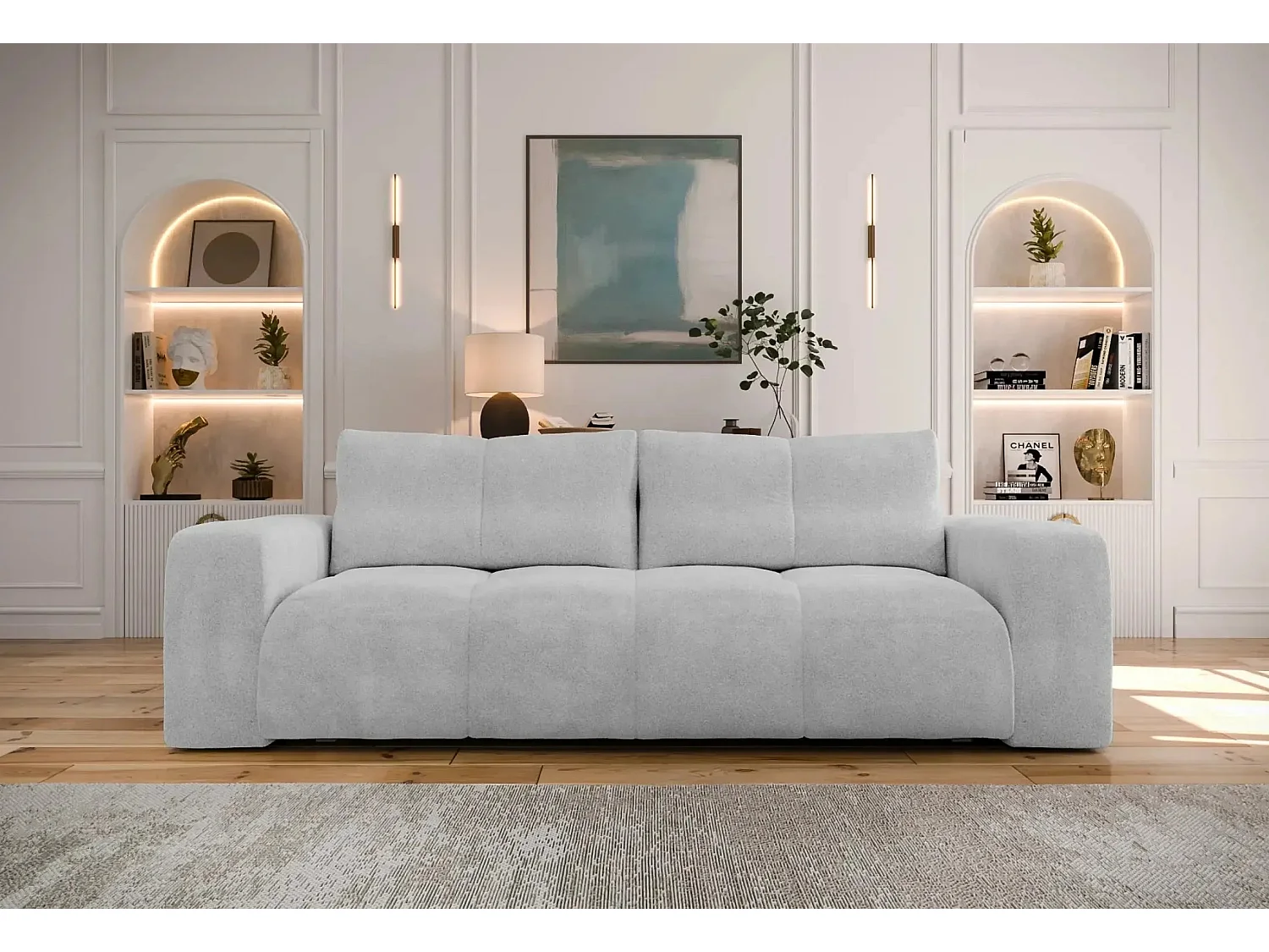 CONSTANCE - Canapé droit convertible tissu bouclette 3 places - Gris clair