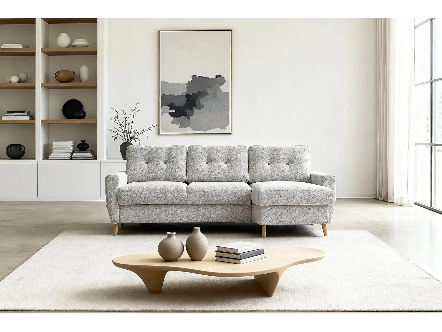 GASPARD - Canapé d'angle convertible tissu bouclette 4 places - Beige - Gauche