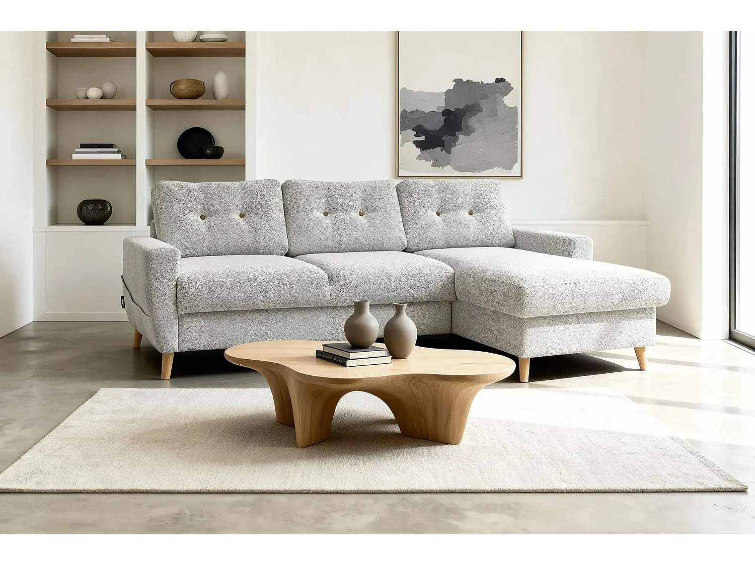 GASPARD - Canapé d'angle convertible tissu bouclette 4 places - Beige - Gauche