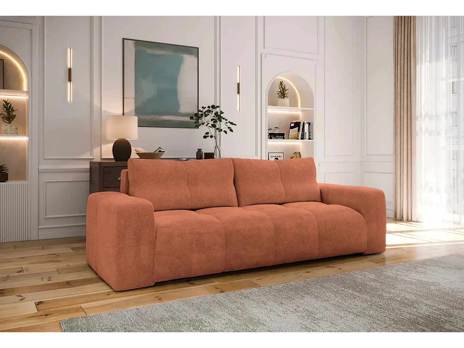 CONSTANCE - Canapé droit convertible tissu bouclette 3 places - Terracotta