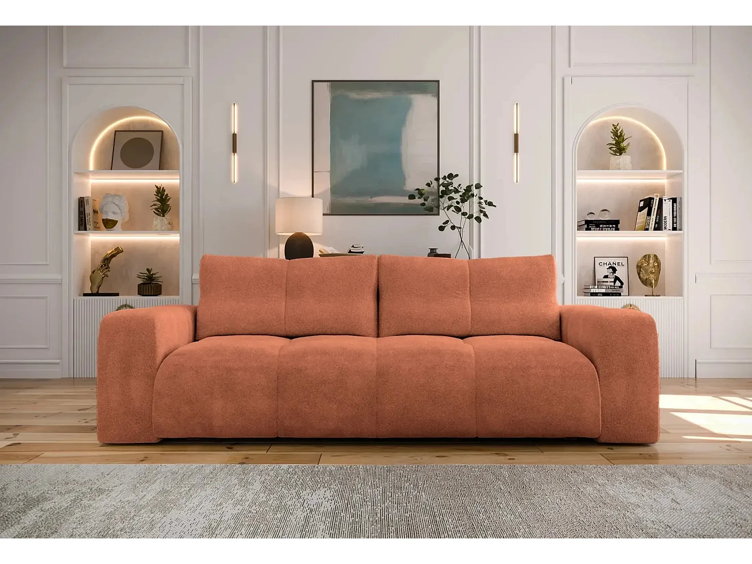 CONSTANCE - Canapé droit convertible tissu bouclette 3 places - Terracotta