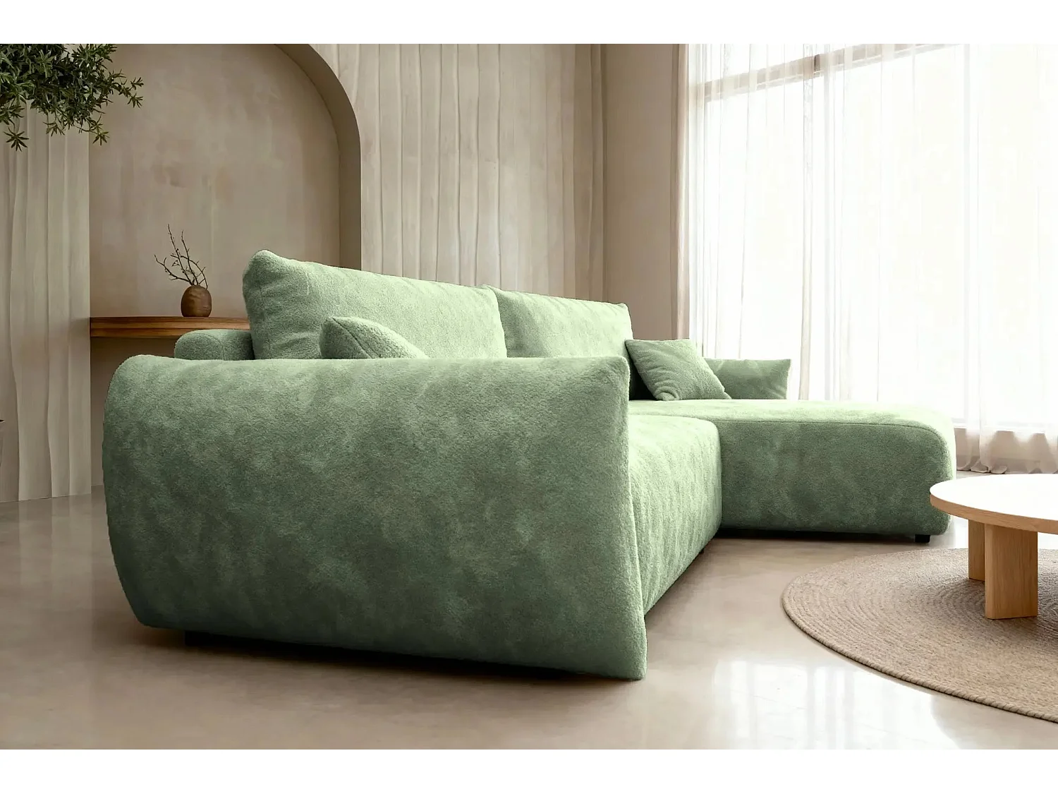 ELIO - Canapé d'angle convertible tissu bouclette 4 places - Vert