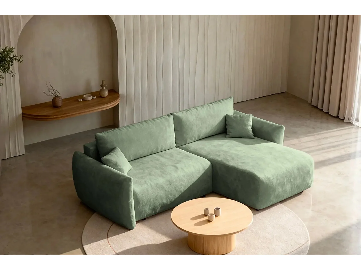 ELIO - Canapé d'angle convertible tissu bouclette 4 places - Vert