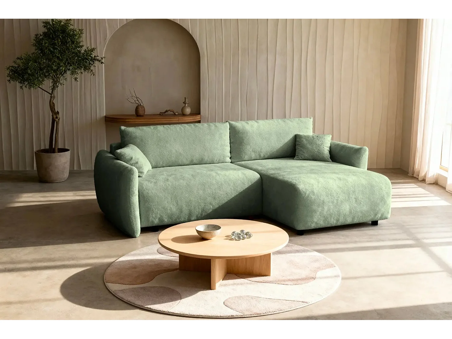 ELIO - Canapé d'angle convertible tissu bouclette 4 places - Vert