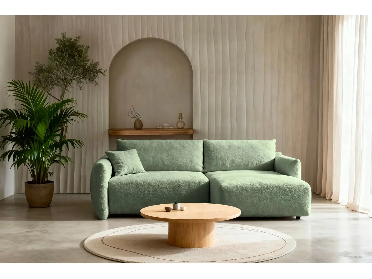 ELIO - Canapé d'angle convertible tissu bouclette 4 places - Vert