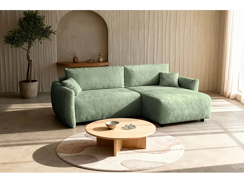 ELIO - Canapé d'angle convertible tissu bouclette 4 places - Vert