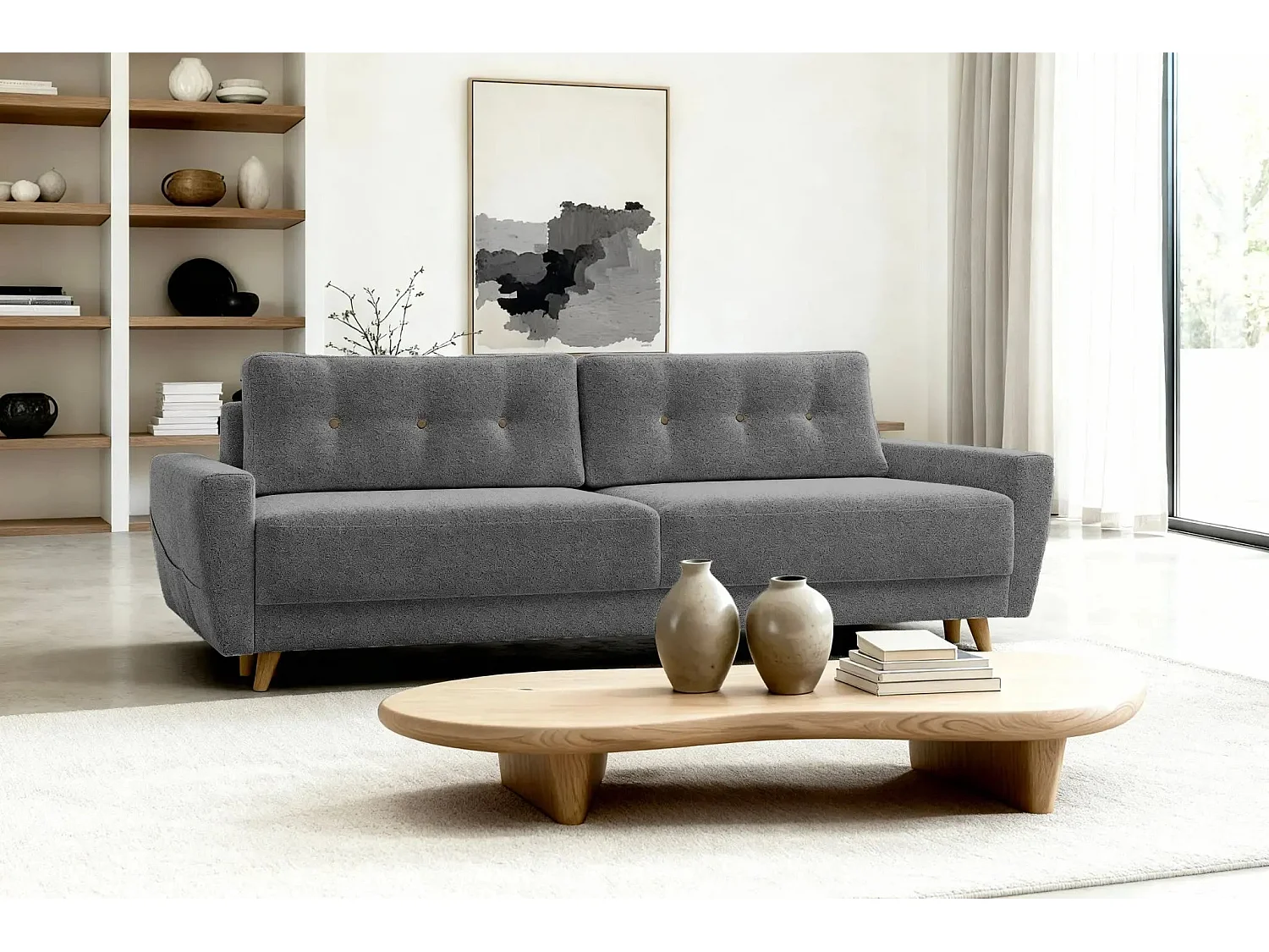 GASPARD - Canapé droit convertible tissu bouclette 3 places - Gris