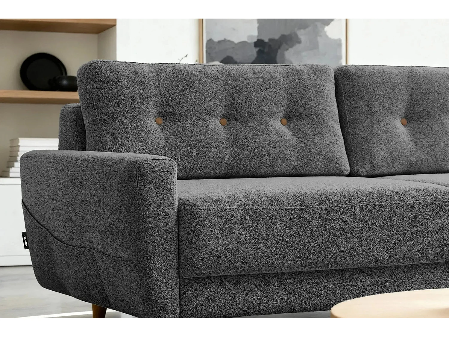 GASPARD - Canapé droit convertible tissu bouclette 3 places - Gris