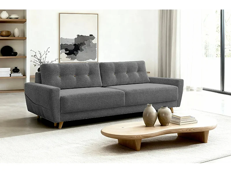 GASPARD - Canapé droit convertible tissu bouclette 3 places - Gris