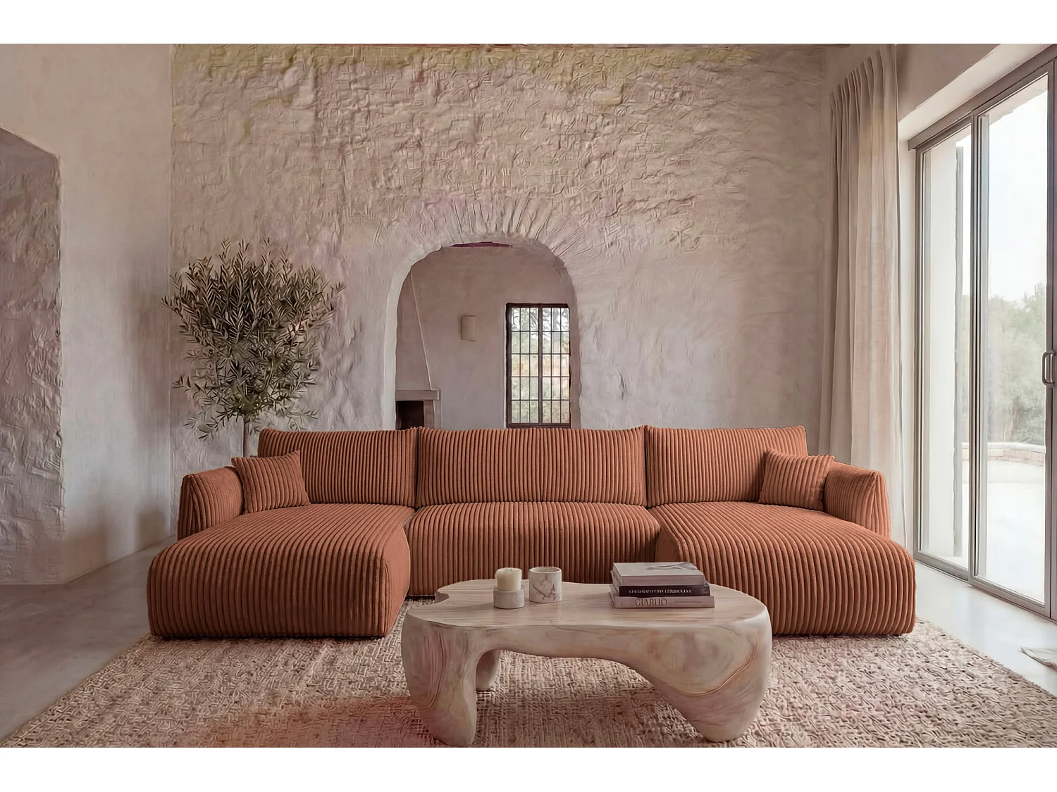 ELIO - Canapé panoramique convertible gros velours côtelé 5 places - Terracotta