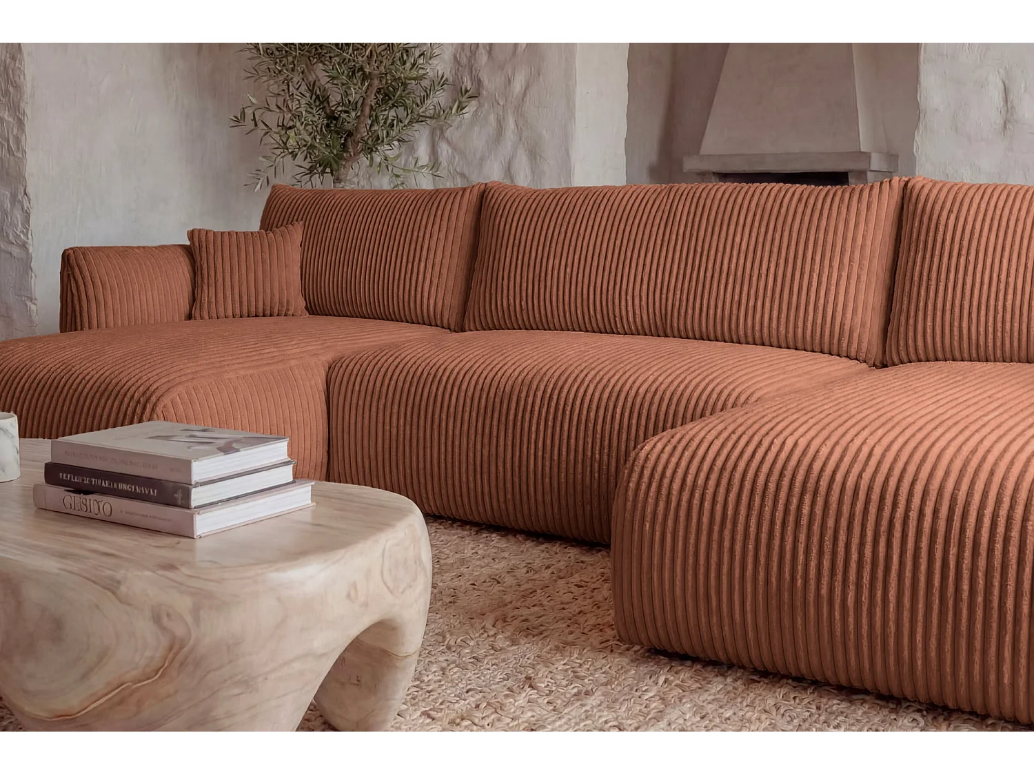 ELIO - Canapé panoramique convertible gros velours côtelé 5 places - Terracotta