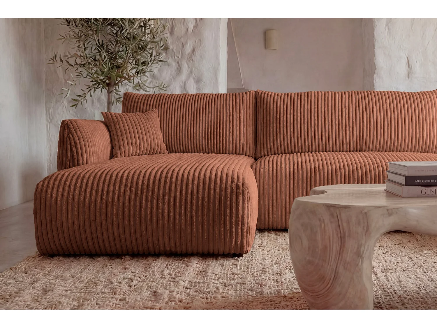 ELIO - Canapé panoramique convertible gros velours côtelé 5 places - Terracotta