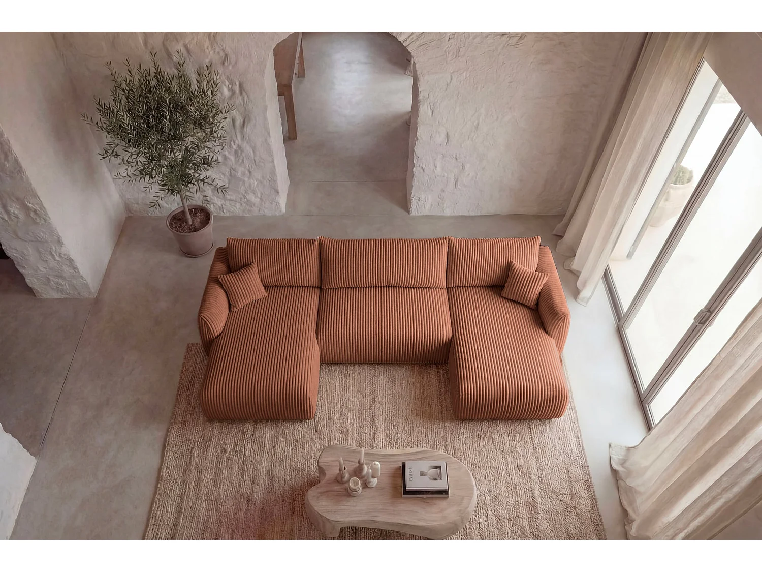 ELIO - Canapé panoramique convertible gros velours côtelé 5 places - Terracotta