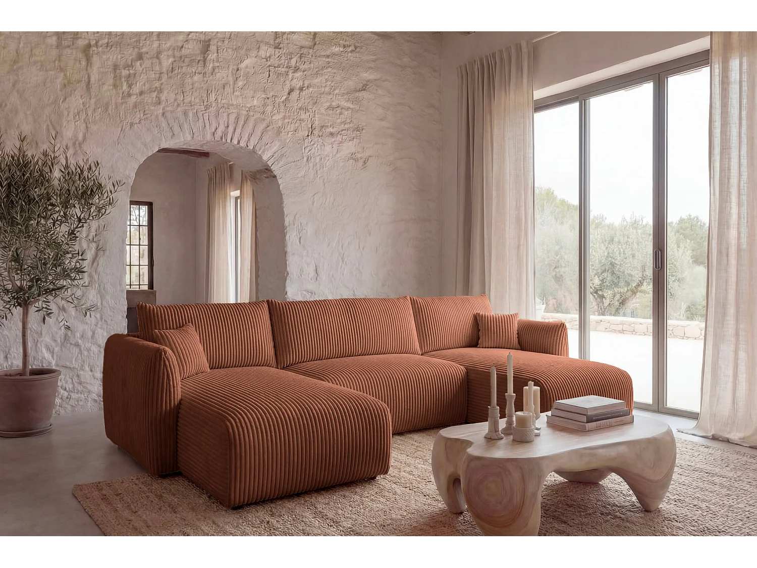 ELIO - Canapé panoramique convertible gros velours côtelé 5 places - Terracotta