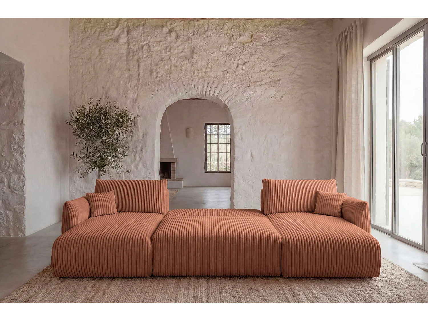 ELIO - Canapé panoramique convertible gros velours côtelé 5 places - Terracotta