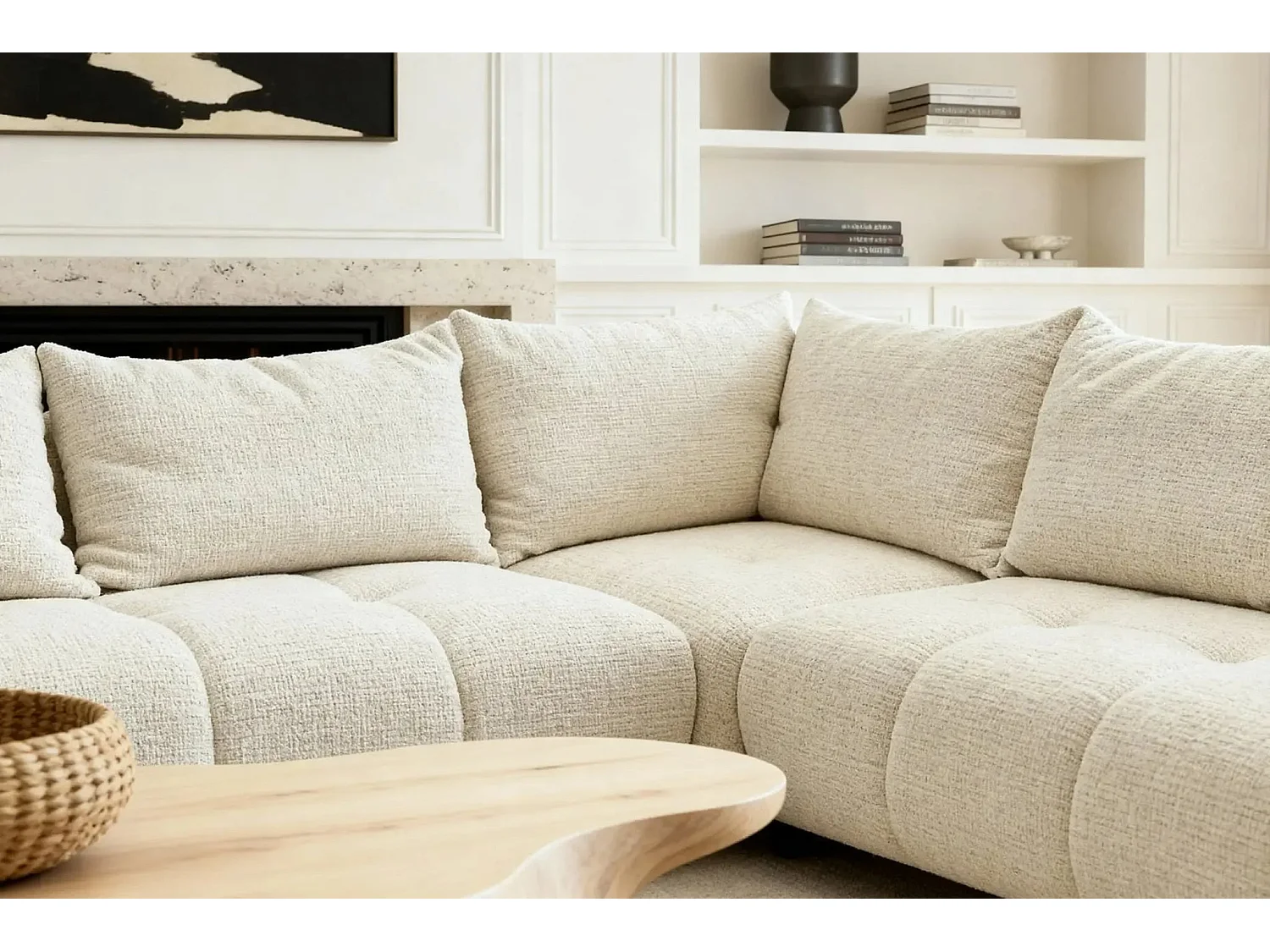 CELINE - Canapé panoramique convertible tissu chenille 5 places - Beige