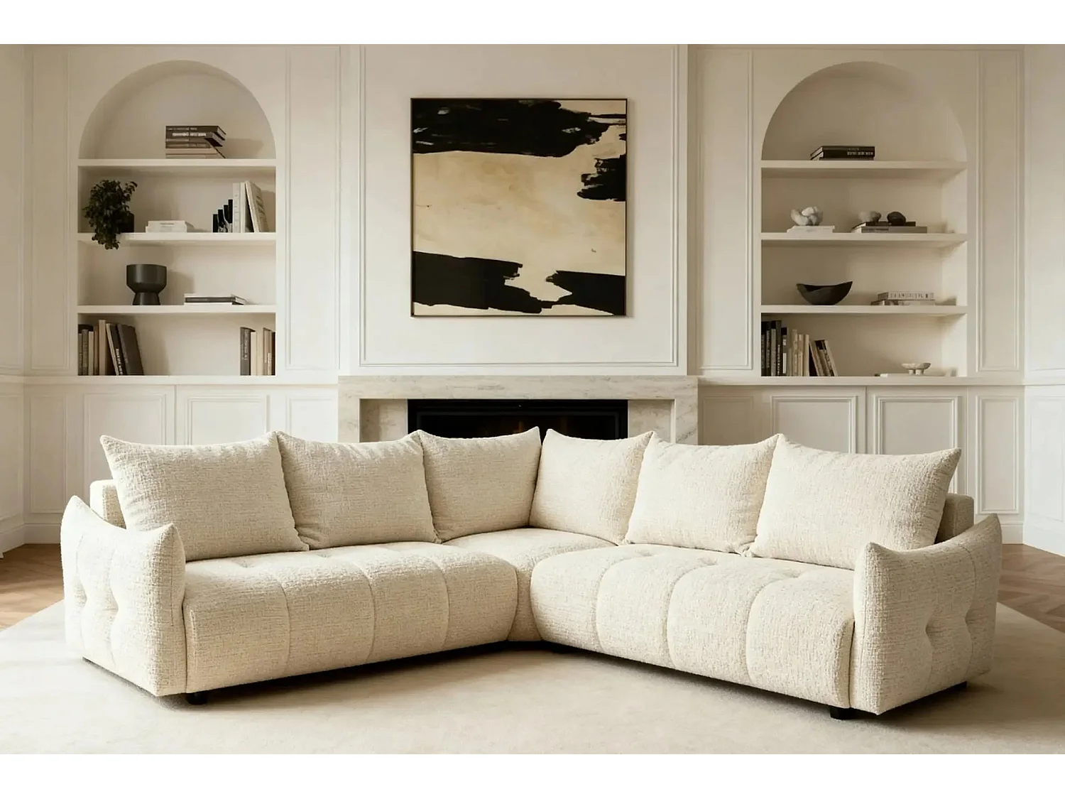 CELINE - Canapé panoramique convertible tissu chenille 5 places - Beige