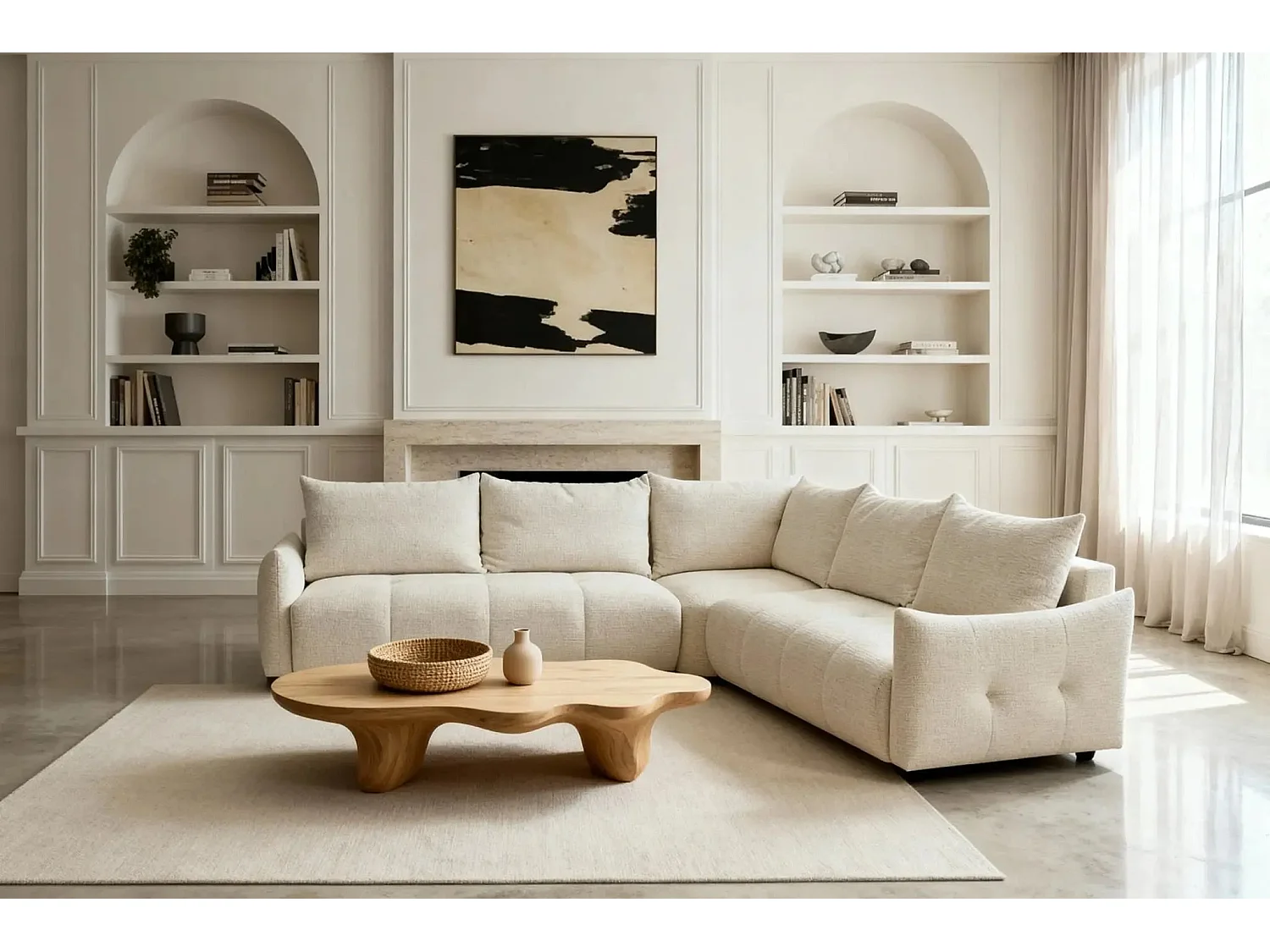 CELINE - Canapé panoramique convertible tissu chenille 5 places - Beige