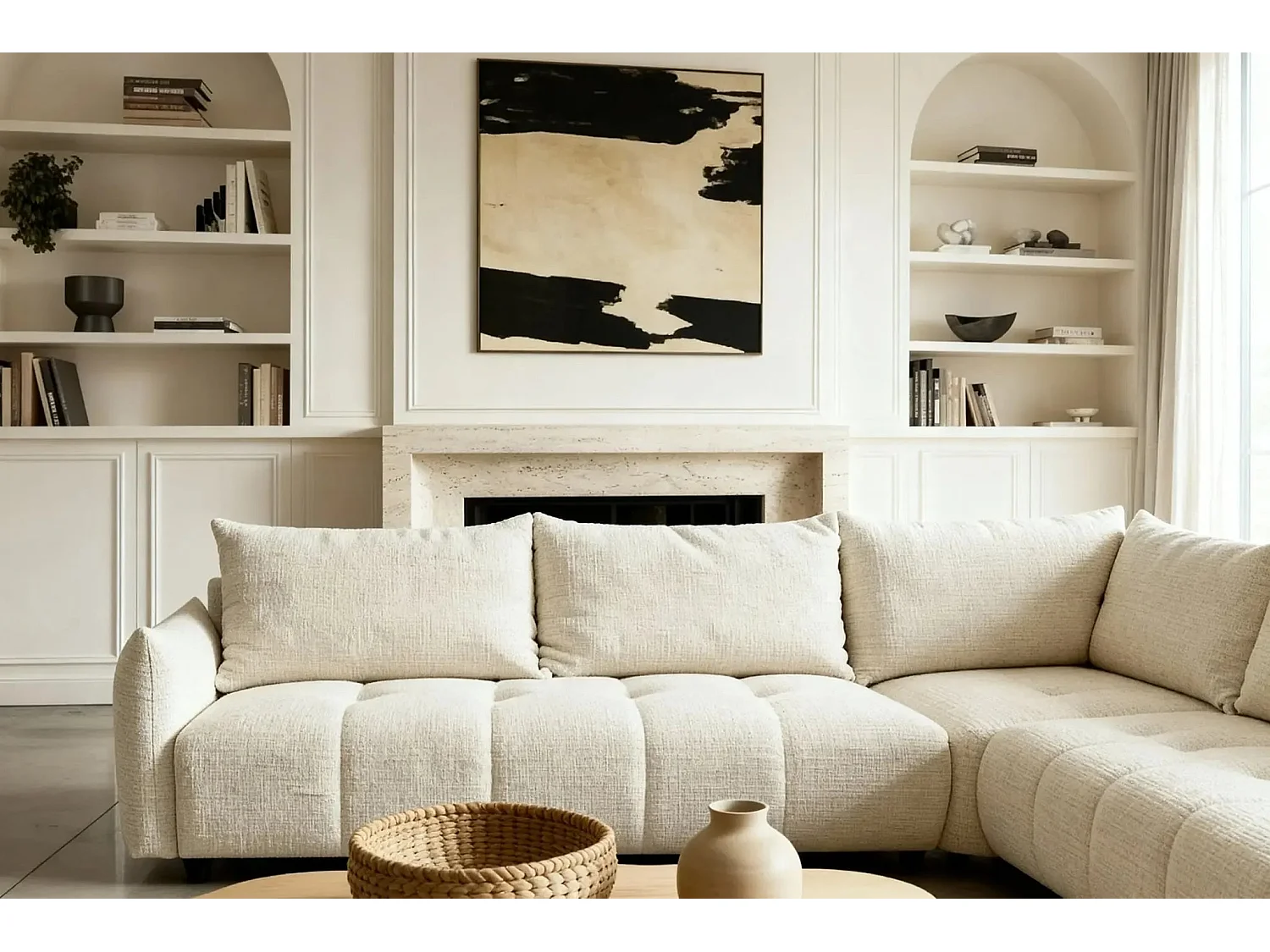 CELINE - Canapé panoramique convertible tissu chenille 5 places - Beige