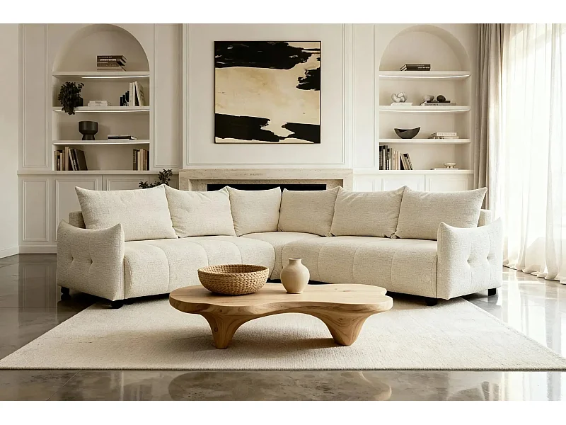 CELINE - Canapé panoramique convertible tissu chenille 5 places - Beige