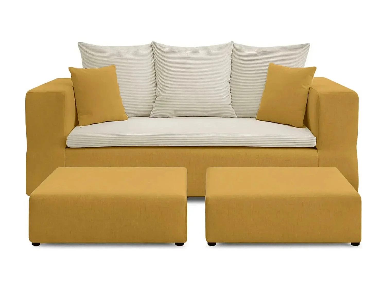 AMBRE - Canapé droit convertible bi matière avec deux poufs 4 places - Jaune