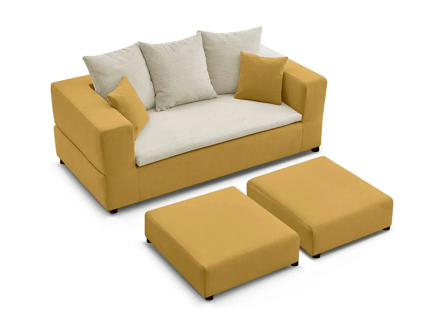 AMBRE - Canapé droit convertible bi matière avec deux poufs 4 places - Jaune