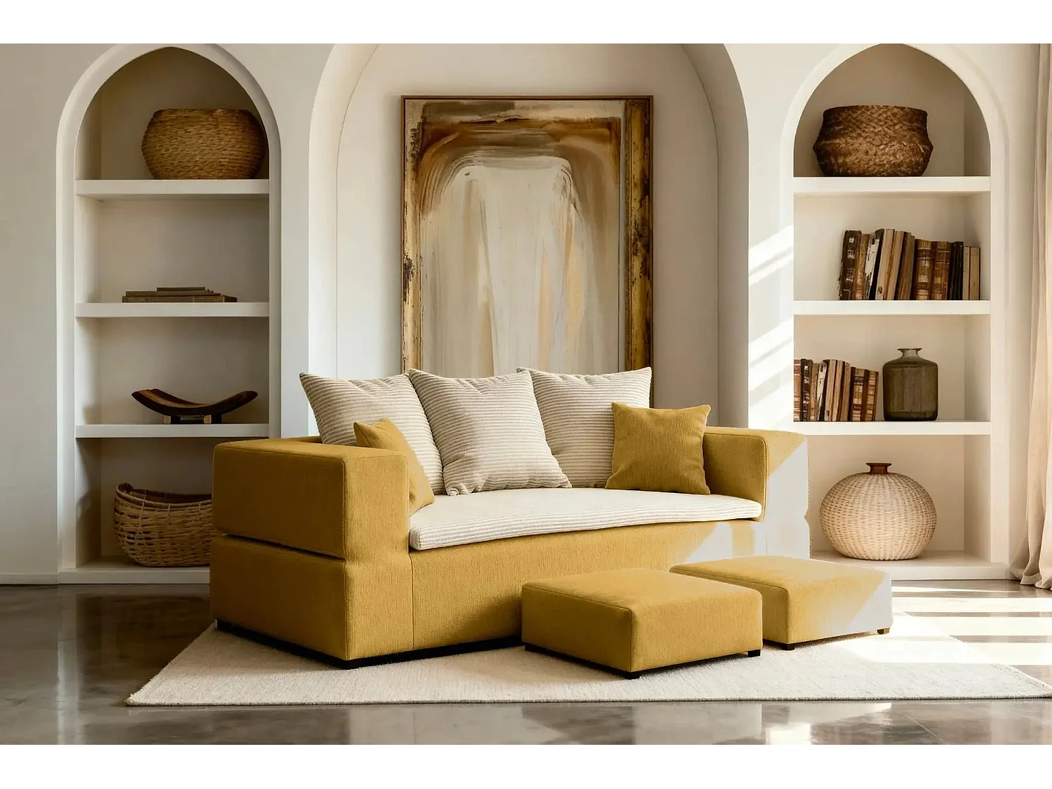 AMBRE - Canapé droit convertible bi matière avec deux poufs 4 places - Jaune