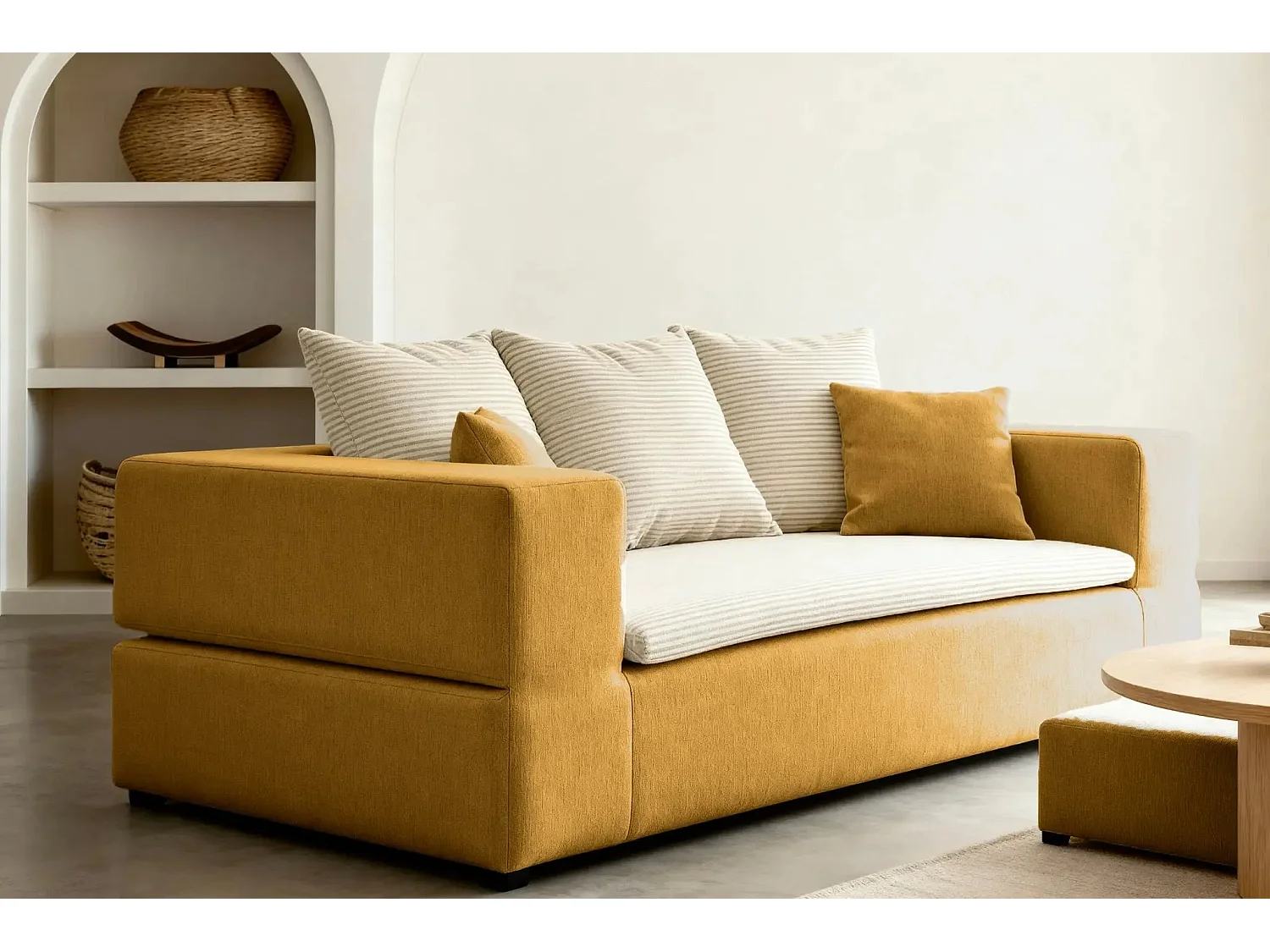AMBRE - Canapé droit convertible bi matière avec deux poufs 4 places - Jaune