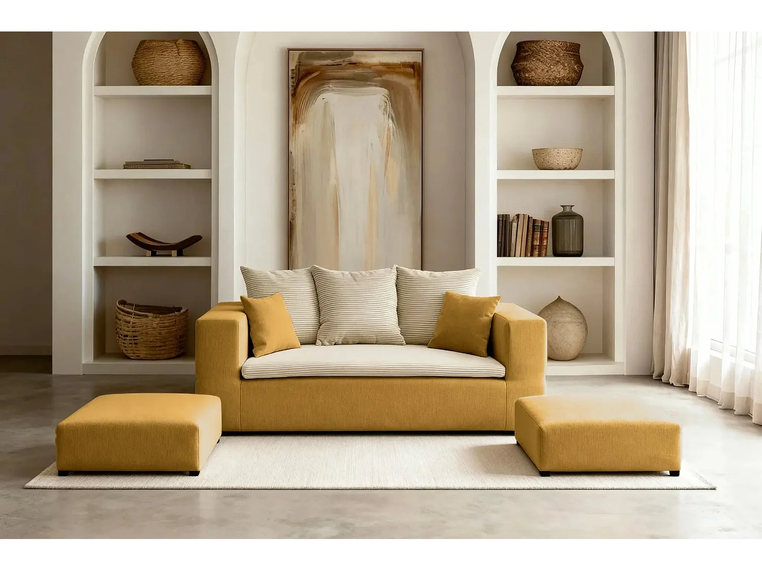 AMBRE - Canapé droit convertible bi matière avec deux poufs 4 places - Jaune