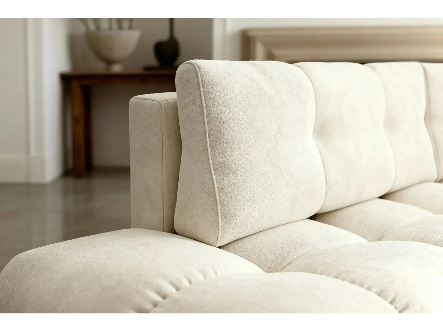 CONSTANCE L - Canapé d'angle convertible tissu chenille 4 places - Beige - Droit