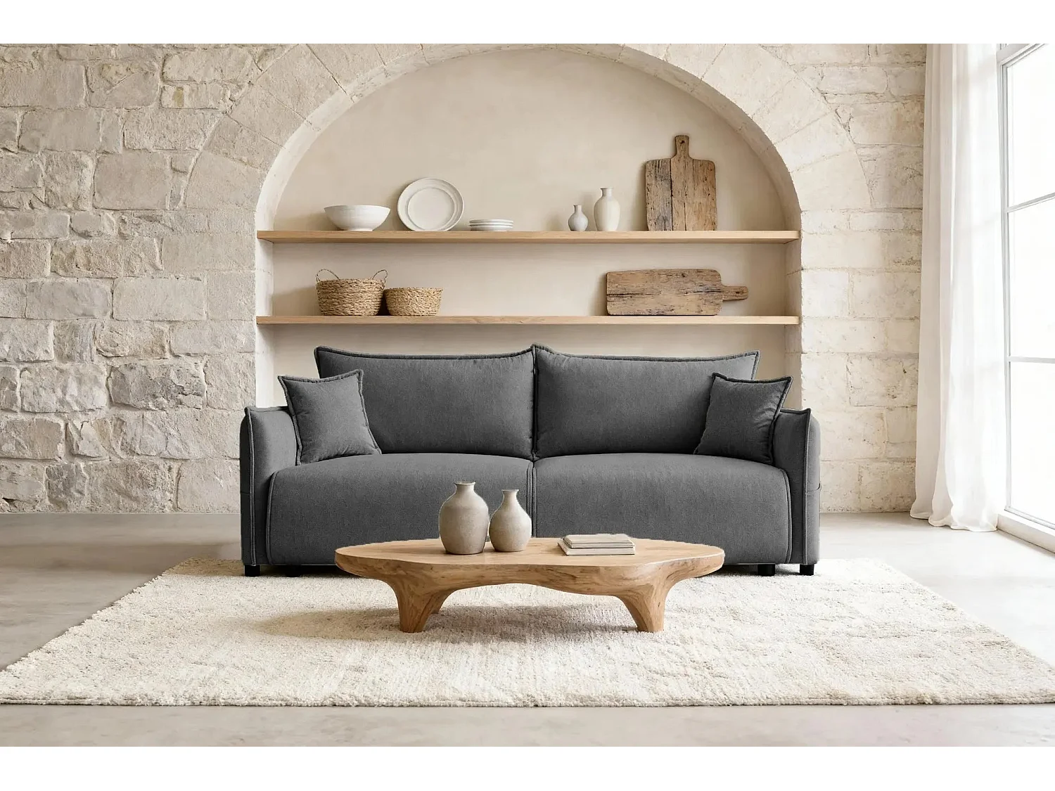 CAROLINA - Canapé droit convertible tissu chiné 3 places - Gris foncé