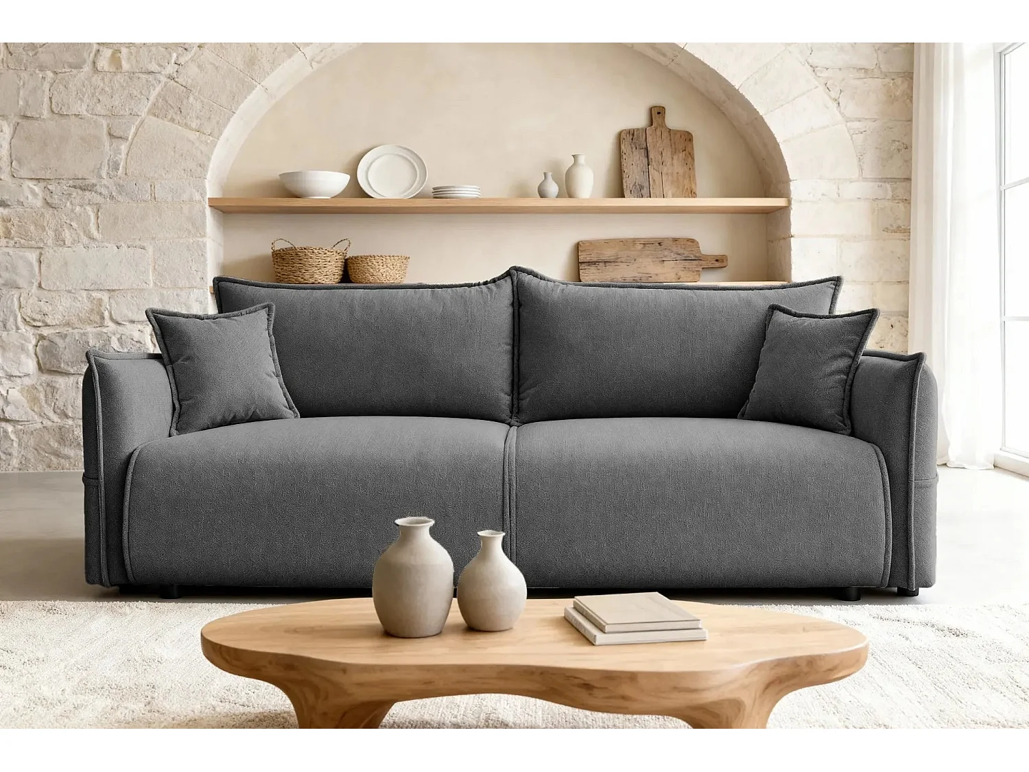 CAROLINA - Canapé droit convertible tissu chiné 3 places - Gris foncé