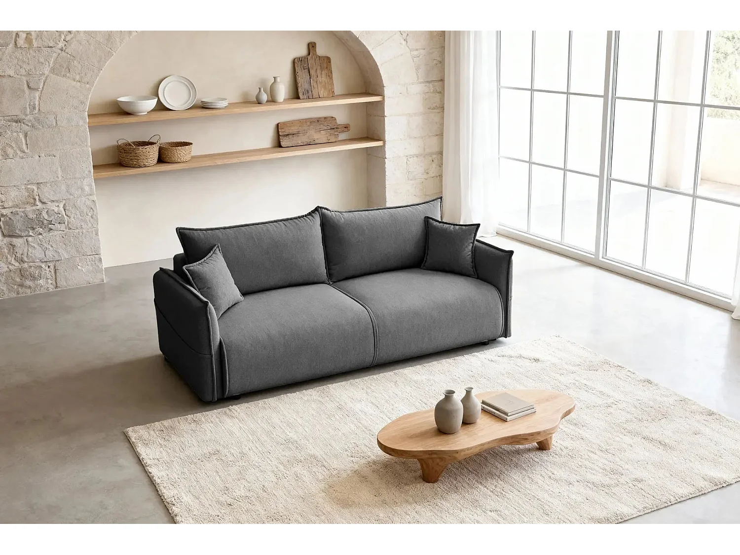 CAROLINA - Canapé droit convertible tissu chiné 3 places - Gris foncé