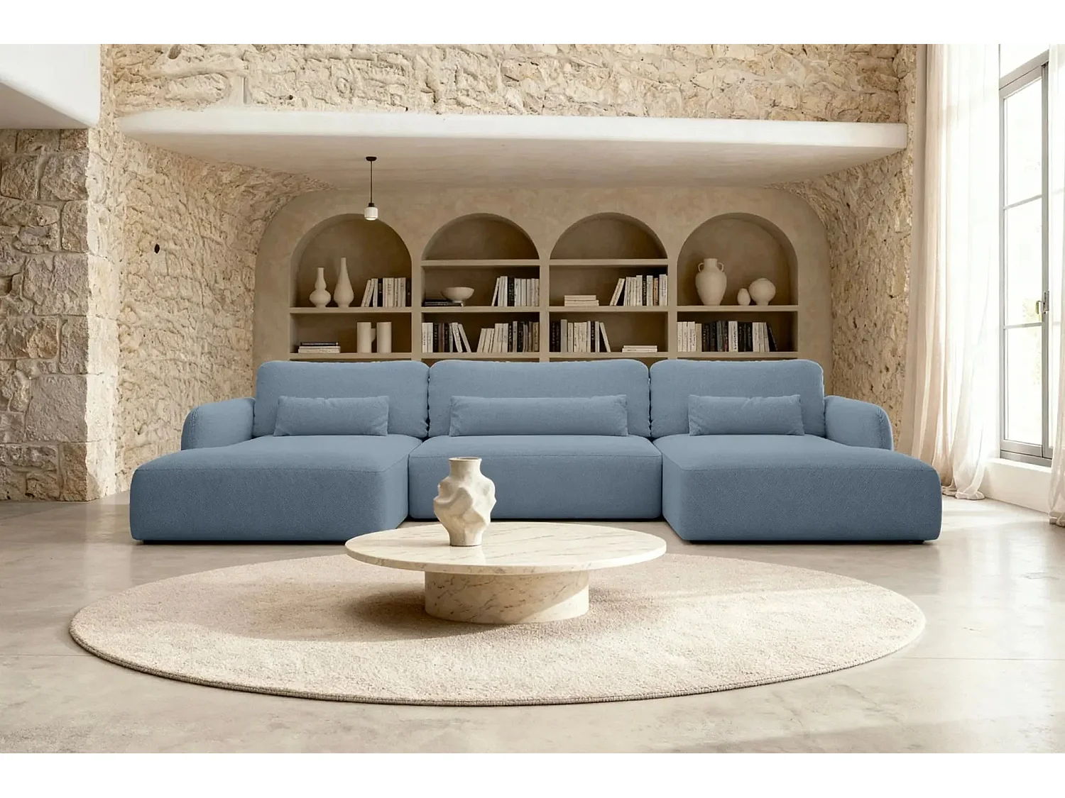 GIGI - Canapé panoramique convertible tissu bouclette 5 places - Bleu