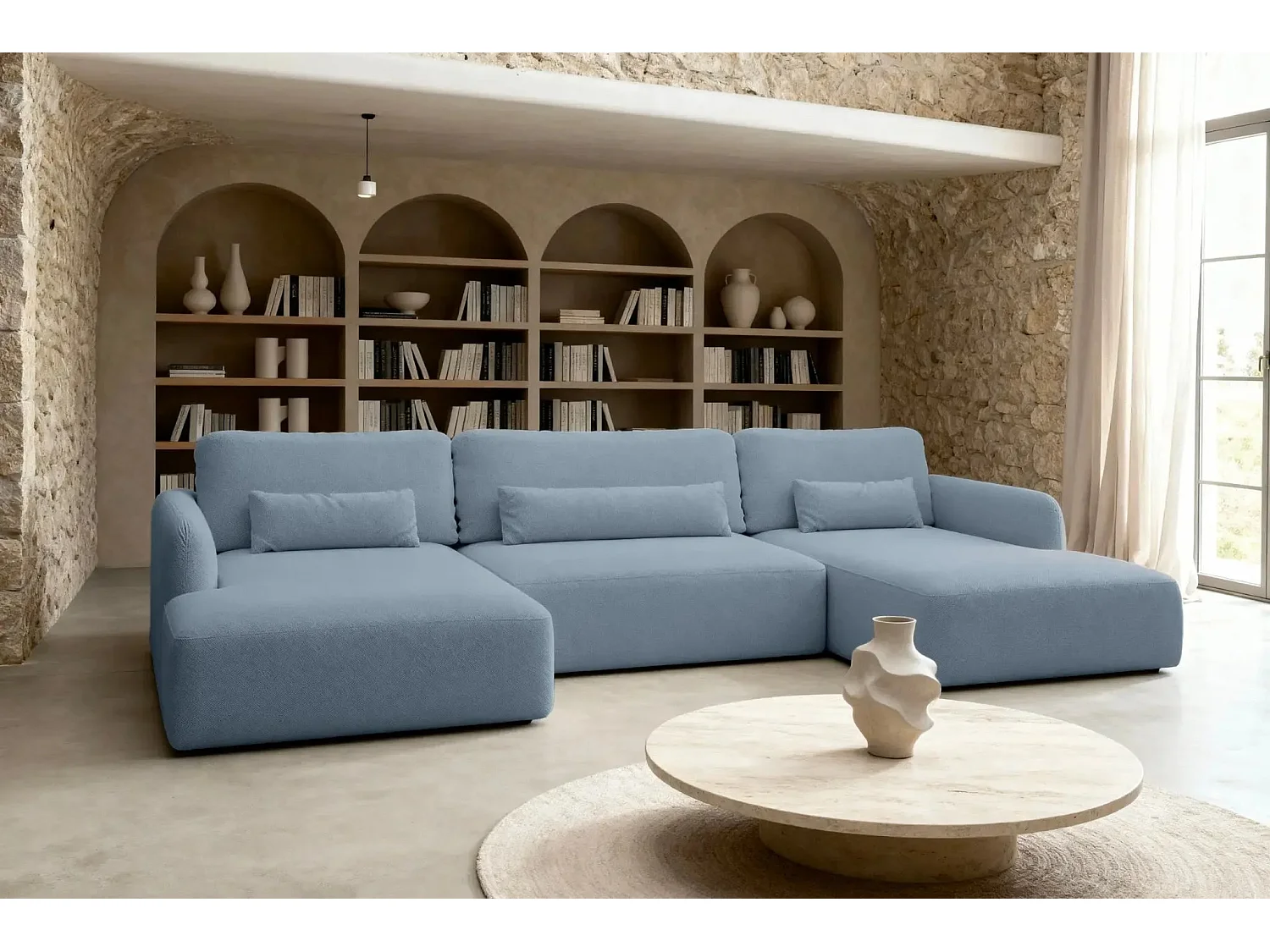 GIGI - Canapé panoramique convertible tissu bouclette 5 places - Bleu