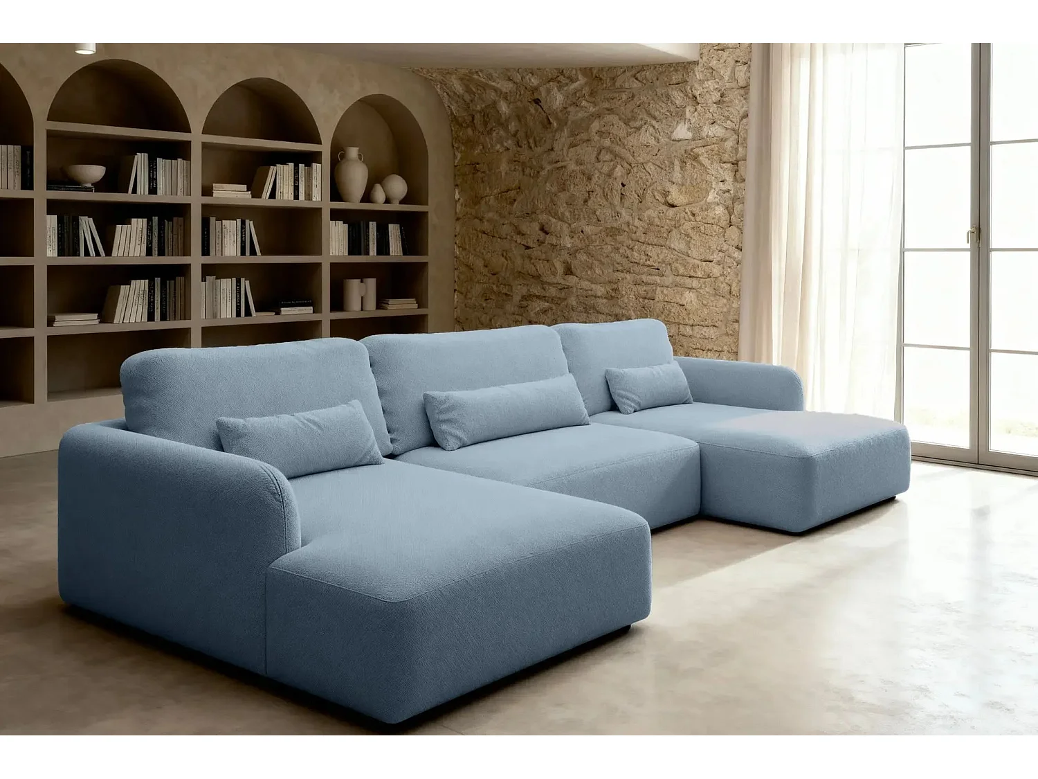 GIGI - Canapé panoramique convertible tissu bouclette 5 places - Bleu