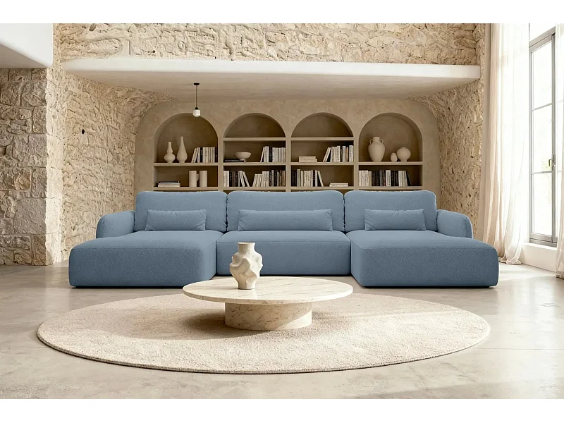 GIGI - Canapé panoramique convertible tissu bouclette 5 places - Bleu