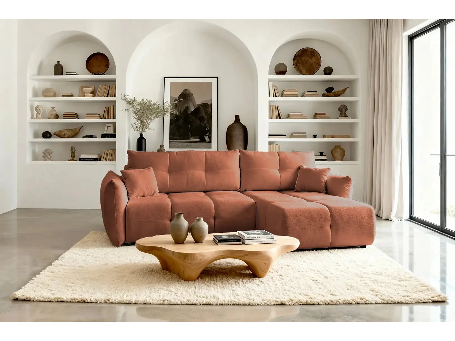 JUNE - Canapé d'angle convertible tissu bouclette 3 places - Terracotta