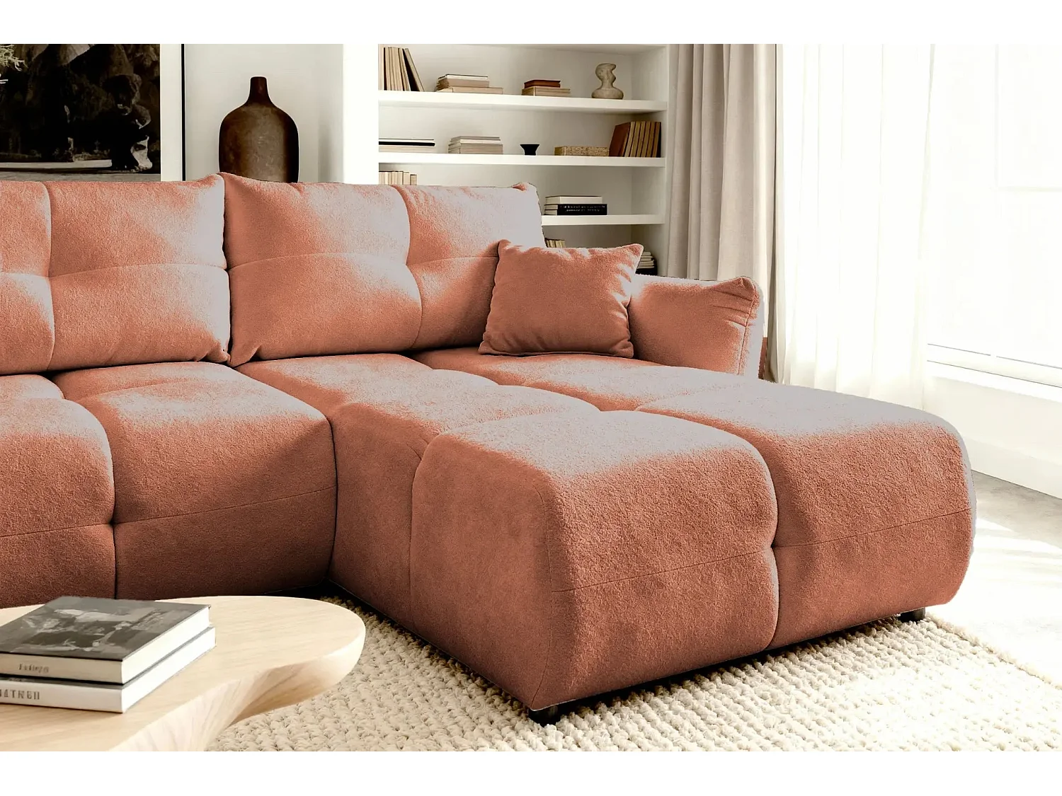 JUNE - Canapé d'angle convertible tissu bouclette 3 places - Terracotta