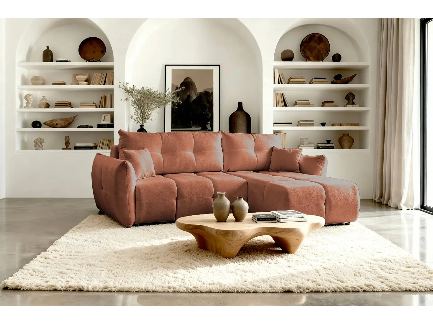 JUNE - Canapé d'angle convertible tissu bouclette 3 places - Terracotta
