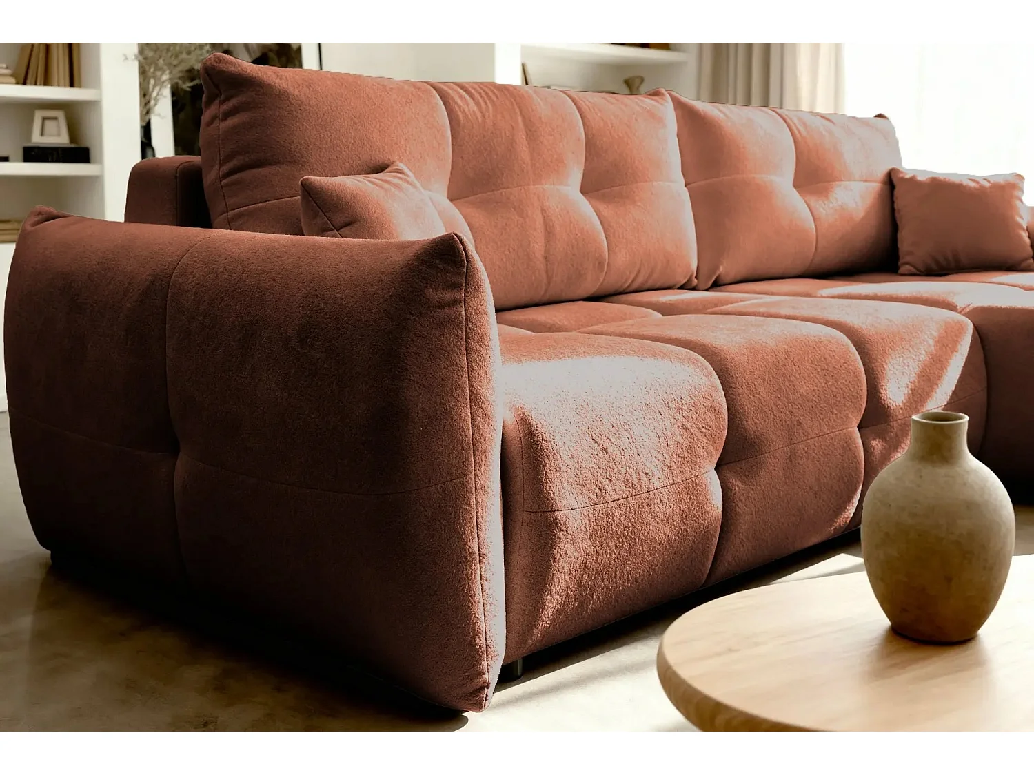 JUNE - Canapé d'angle convertible tissu bouclette 3 places - Terracotta