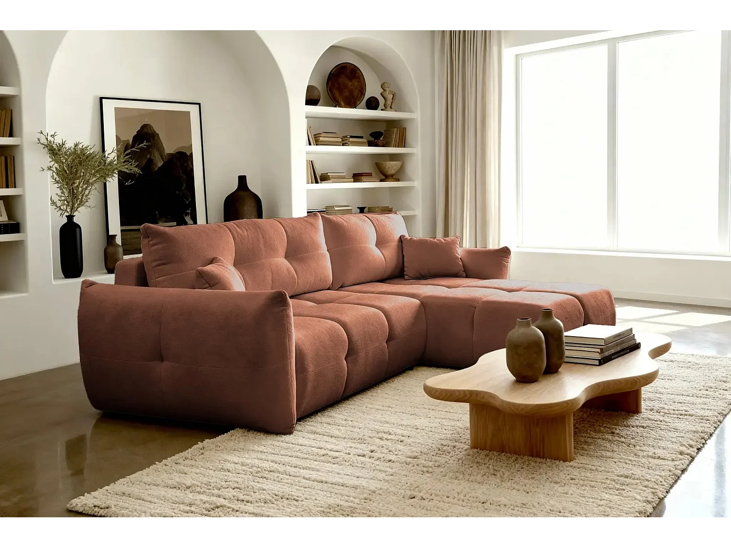JUNE - Canapé d'angle convertible tissu bouclette 3 places - Terracotta
