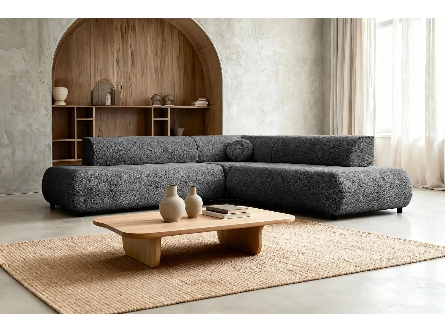 LEVI - Canapé panoramique convertible tissu lisse 5 places - Gris foncé - Gauche