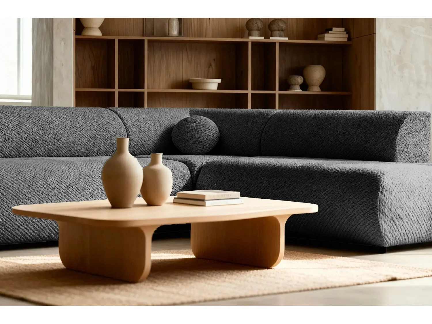 LEVI - Canapé panoramique convertible tissu lisse 5 places - Gris foncé - Gauche