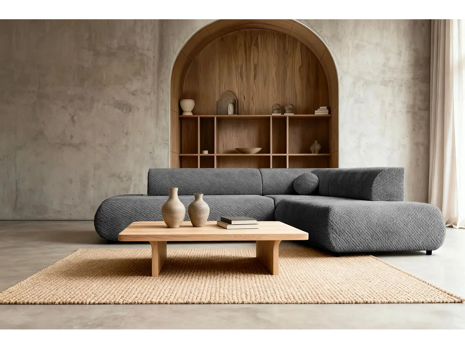 LEVI - Canapé panoramique convertible tissu lisse 5 places - Gris foncé - Gauche