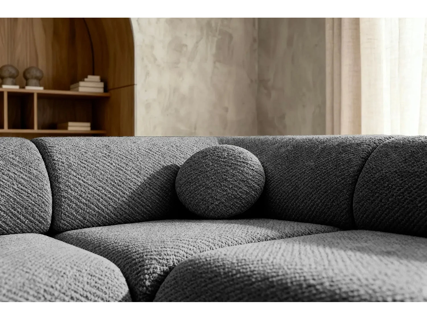 LEVI - Canapé panoramique convertible tissu lisse 5 places - Gris foncé - Gauche